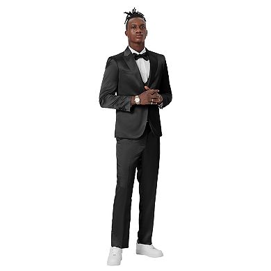 Men's 4-Piece Shiny Solid Peak Lapel Suit Set w/ Double Breasted Vest, Includes Bowtie