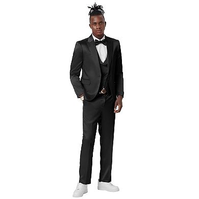 Men's 4-Piece Shiny Solid Peak Lapel Suit Set w/ Double Breasted Vest, Includes Bowtie