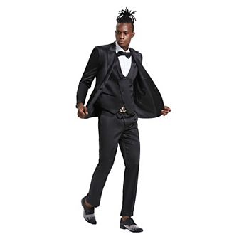 Men's 4 pc Shiny Solid Peak Lapel Suit Set w/ Double Breasted Vest, Includes Bowtie