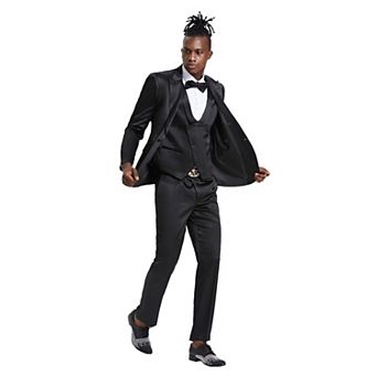 Men's 4 pc Shiny Solid Peak Lapel Suit Set w/ Double Breasted Vest, Includes Bowtie