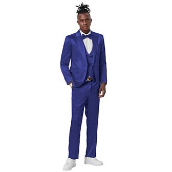 Men's 4 pc Shiny Solid Peak Lapel Suit Set w/ Double Breasted Vest, Includes Bowtie