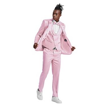 Men's 4 pc Shiny Solid Peak Lapel Suit Set w/ Double Breasted Vest, Includes Bowtie