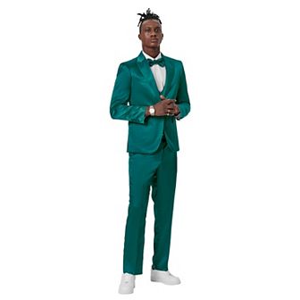 Men's 4 pc Shiny Solid Peak Lapel Suit Set w/ Double Breasted Vest, Includes Bowtie