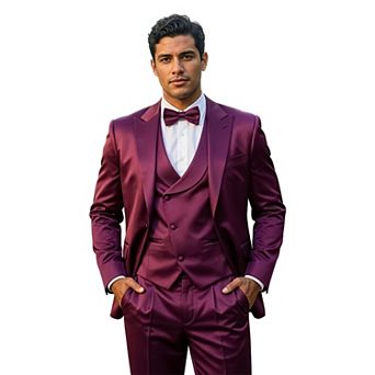 Men's 4 pc Shiny Solid Peak Lapel Suit Set w/ Double Breasted Vest, Includes Bowtie