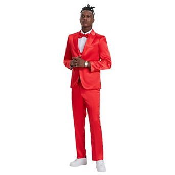 Men's 4 pc Shiny Solid Peak Lapel Suit Set w/ Double Breasted Vest, Includes Bowtie