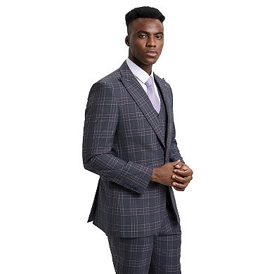 Stacy Adams Plaid Vested Suit set w/ Double Breasted Vest