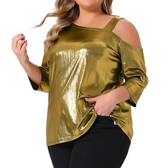 Women's Plus Size Metallic Tops One Shoulder 3/4 Sleeve Sparkle Shiny Tee Blouse Shirts