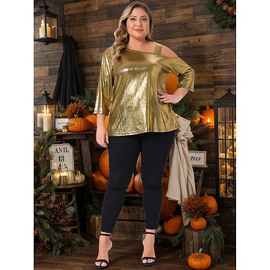 Women's Plus Size Metallic Tops One Shoulder 3/4 Sleeve Sparkle Shiny Tee Blouse Shirts