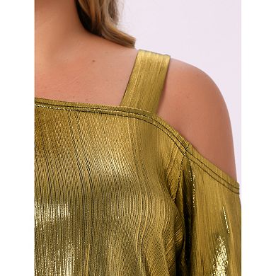 Women's Plus Size Metallic Tops One Shoulder 3/4 Sleeve Sparkle Shiny Tee Blouse Shirts