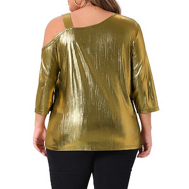 Women's Plus Size Metallic Tops One Shoulder 3/4 Sleeve Sparkle Shiny Tee Blouse Shirts