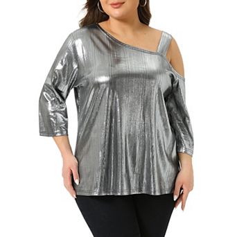 Women's Plus Size Metallic Tops One Shoulder 3/4 Sleeve Sparkle Shiny Tee Blouse Shirts