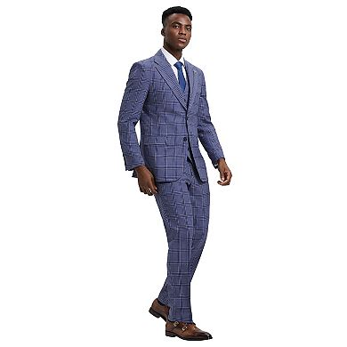 Stacy Adams Windowpane Plaid Vested 3pc Suit w/ Notch Lapel