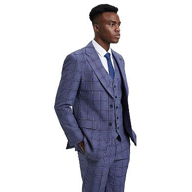 Stacy Adams Windowpane Plaid Vested 3pc Suit w/ Notch Lapel