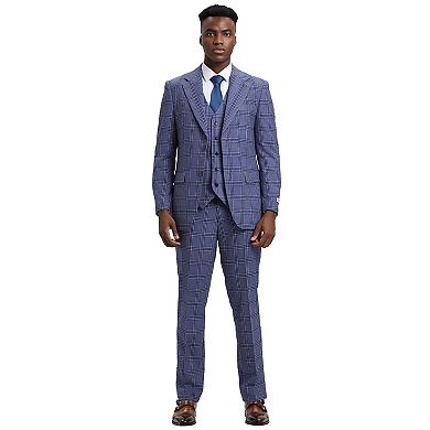 Stacy Adams Windowpane Plaid Vested 3pc Suit w/ Notch Lapel