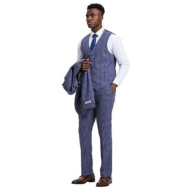 Stacy Adams Windowpane Plaid Vested 3pc Suit w/ Notch Lapel