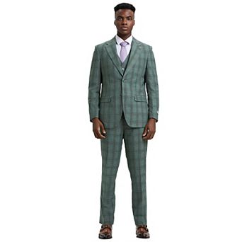 Stacy Adams Windowpane Plaid Vested 3 pc Suit w/ Notch Lapel