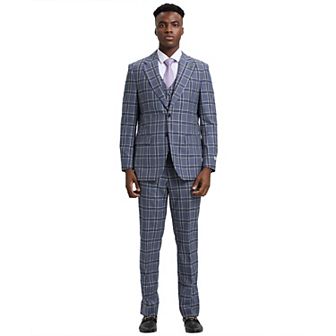 Stacy Adams Windowpane Plaid Vested 3 pc Suit w/ Notch Lapel