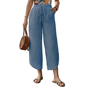 Womens Summer Cotton Linen Plain Palazzo Trousers Casual Loose Wide Leg Pants