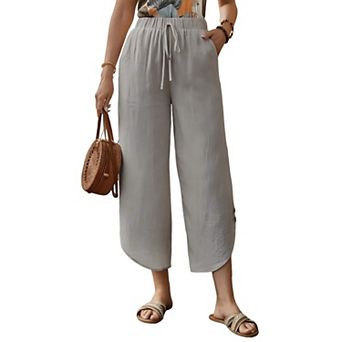 Womens Summer Cotton Linen Plain Palazzo Trousers Casual Loose Wide Leg Pants