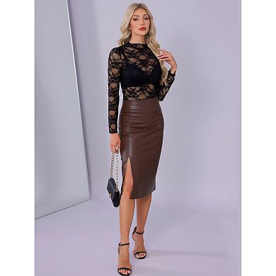 Mesh Top for Women's Mock Neck Sheer See Through Floral Lace Tops Blouse