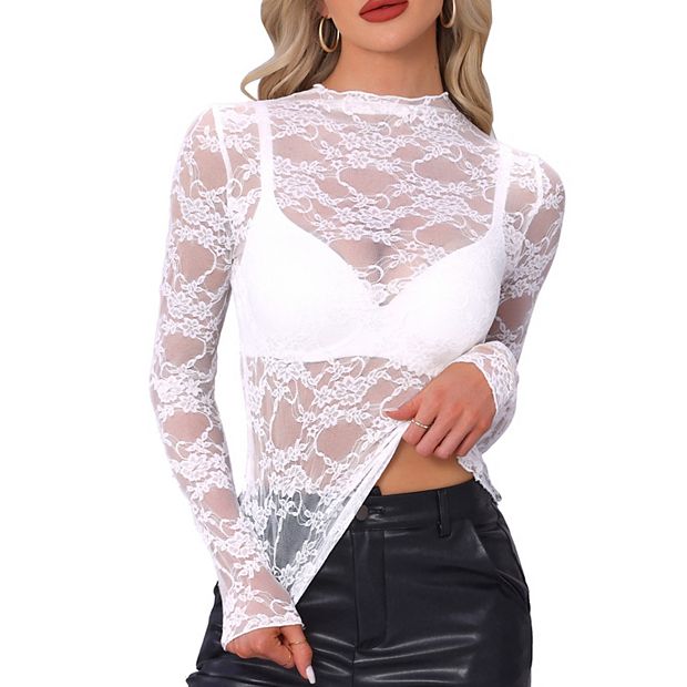 Mesh Top for Women's Mock Neck Sheer See Through Floral Lace Tops