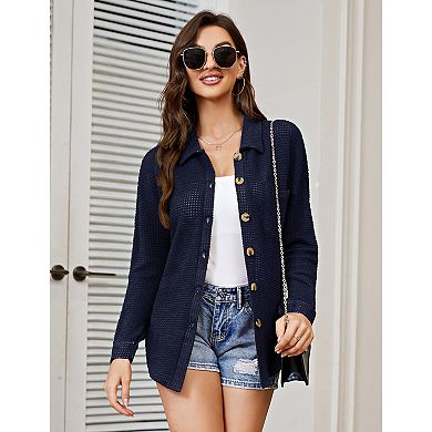 Womens Waffle Knit Shirt Button Down Oversized Blouse Long Sleeve Jacket Tops with Bust Pockets