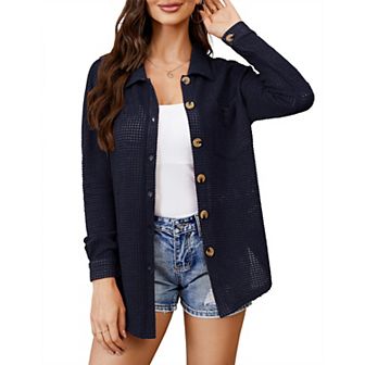 Womens Waffle Knit Shirt Button Down Oversized Blouse Long Sleeve Jacket Tops with Bust Pockets