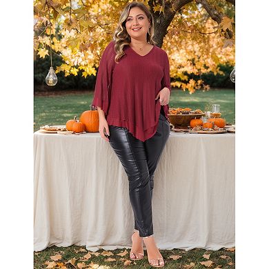 Plus Size Women's Ruffle 3/4 Sleeve Tunic Tops V Neck Double Layers Loose Fit Mesh Blouses Shirt