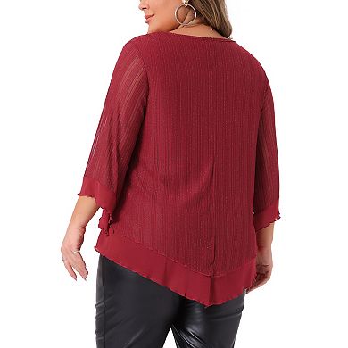 Plus Size Women's Ruffle 3/4 Sleeve Tunic Tops V Neck Double Layers Loose Fit Mesh Blouses Shirt