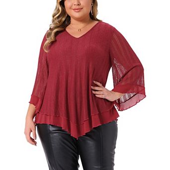 Plus Size Women's Ruffle 3/4 Sleeve Tunic Tops V Neck Double Layers Loose Fit Mesh Blouses Shirt