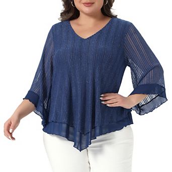 Plus Size Women's Ruffle 3/4 Sleeve Tunic Tops V Neck Double Layers Loose Fit Mesh Blouses Shirt