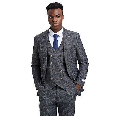 Stacy Adams Textured Windowpane 3pc Suit Set w/ Double Breasted Vest
