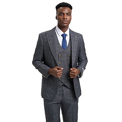 Stacy Adams Textured Windowpane 3pc Suit Set w/ Double Breasted Vest
