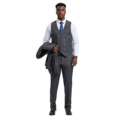 Stacy Adams Textured Windowpane 3pc Suit Set w/ Double Breasted Vest