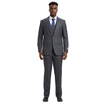 Stacy Adams Textured Windowpane 3 pc Suit Set w/ Double Breasted Vest