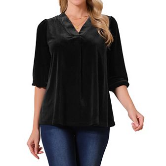 Women's Velvet Tops V Neck 3/4 Puff Sleeve Fall Winter Trendy Casual Tunic Blouse Loose T-Shirt