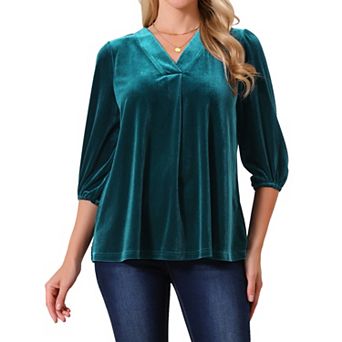 Women's Velvet Tops V Neck 3/4 Puff Sleeve Fall Winter Trendy Casual Tunic Blouse Loose T-Shirt