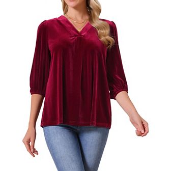 Women's Velvet Tops V Neck 3/4 Puff Sleeve Fall Winter Trendy Casual Tunic Blouse Loose T-Shirt