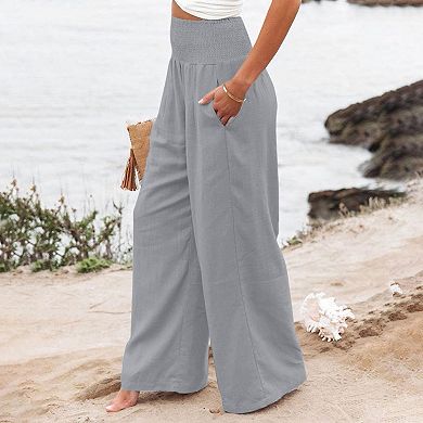 Womens Elastic High Waisted Palazzo Pants Casual Wide Leg Long Lounge Pant Trousers with Pocket