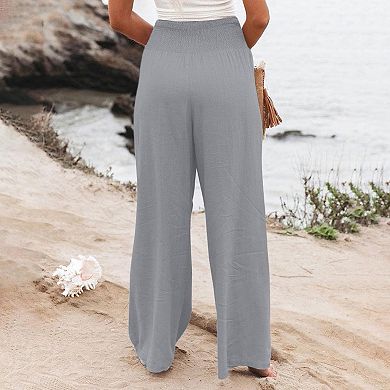 Womens Elastic High Waisted Palazzo Pants Casual Wide Leg Long Lounge Pant Trousers with Pocket