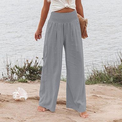 Womens Elastic High Waisted Palazzo Pants Casual Wide Leg Long Lounge Pant Trousers with Pocket
