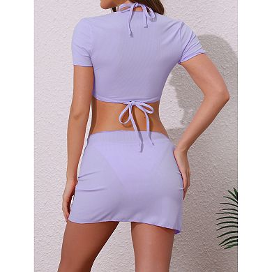 Women's Tie Knot Halter Ribbed Bikini Sets, 4Pcs Short Sleeve Cover Up Set Triangle Bottom Swimwear