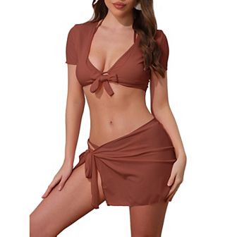 Women's Tie Knot Halter Ribbed Bikini Sets, 4 pc Short Sleeve Cover Up Set Triangle Bottom Swimwear