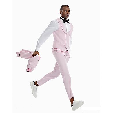 Men's 3pc Solid Peak Lapel Suit Set w/ Shawl Collar Double Breasted Vest