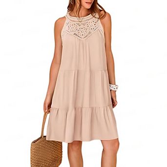 Womens Crochet Halter Mini Dresses Sleeveless Hollow Out Ruffle A Line Flowy Boho Tank Dress