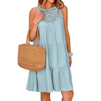 Womens Crochet Halter Mini Dresses Sleeveless Hollow Out Ruffle A Line Flowy Boho Tank Dress