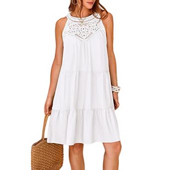 Womens Crochet Halter Mini Dresses Sleeveless Hollow Out Ruffle A Line Flowy Boho Tank Dress