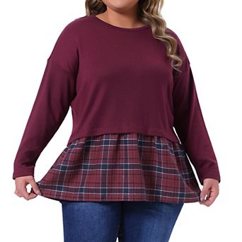 Women's Plus Size Long Sleeve T Shirt Tops Crew Neck Patchwork Blouse Basic Tee Top Casual Dressy