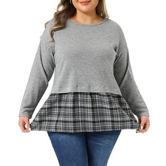 Women's Plus Size Long Sleeve T Shirt Tops Crew Neck Patchwork Blouse Basic Tee Top Casual Dressy