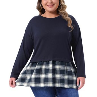 Women's Plus Size Long Sleeve T Shirt Tops Crew Neck Patchwork Blouse Basic Tee Top Casual Dressy